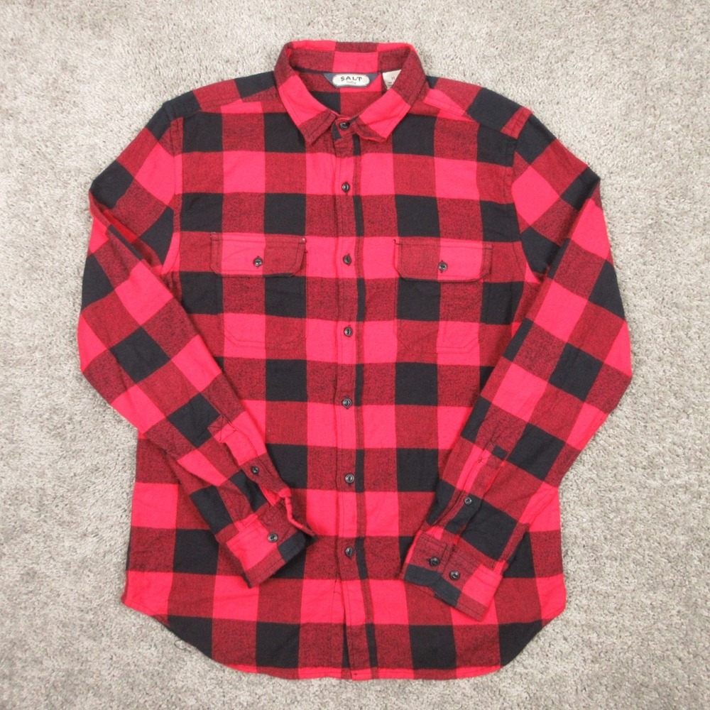 Salt‎ Valley Shirt Mens Medium Red Buffalo Check Plaid Twill Flannel Button Up